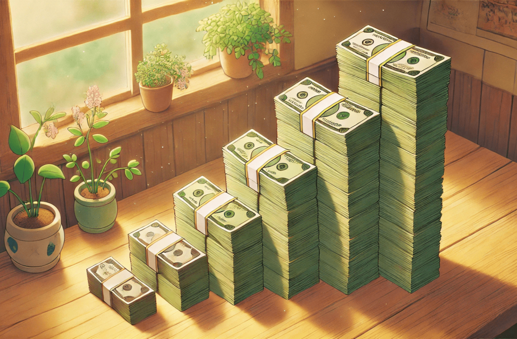 Emergency fund savings. A Ghibli-style illustration of five stacks of money on a table, increasing in size from left to right.
