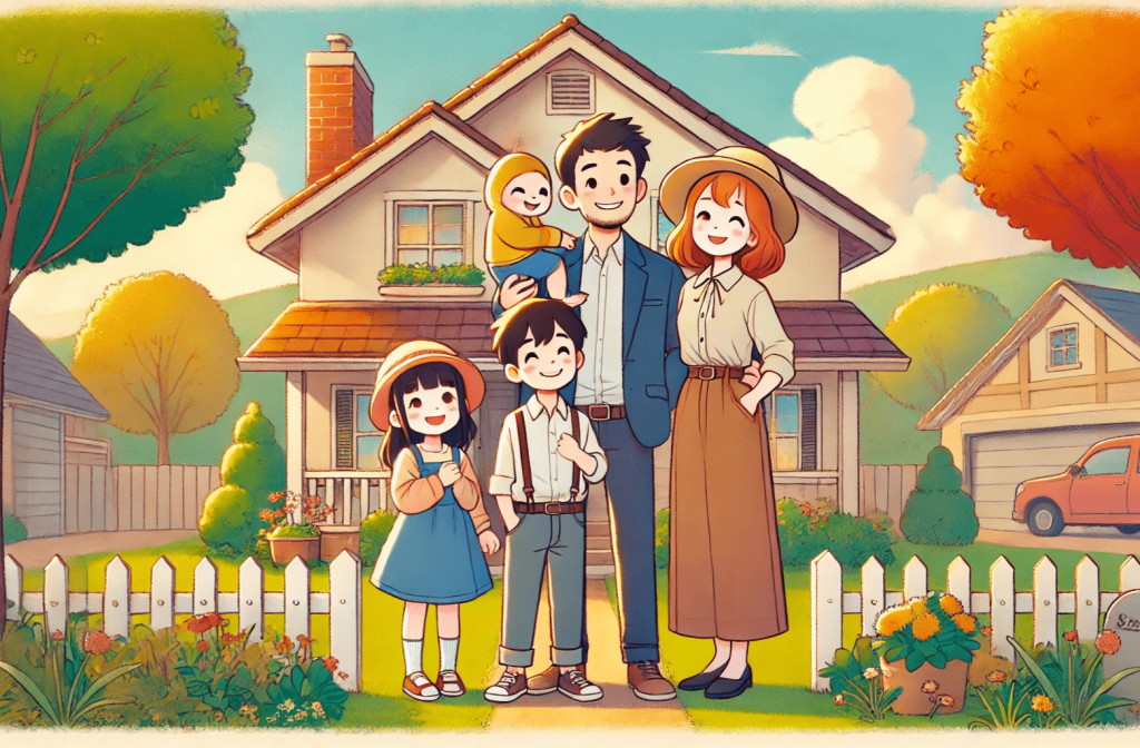 Setting financial goals. A Ghibli-inspired art style, featuring a happy family in front of their new house in a warm, friendly neighborhood.