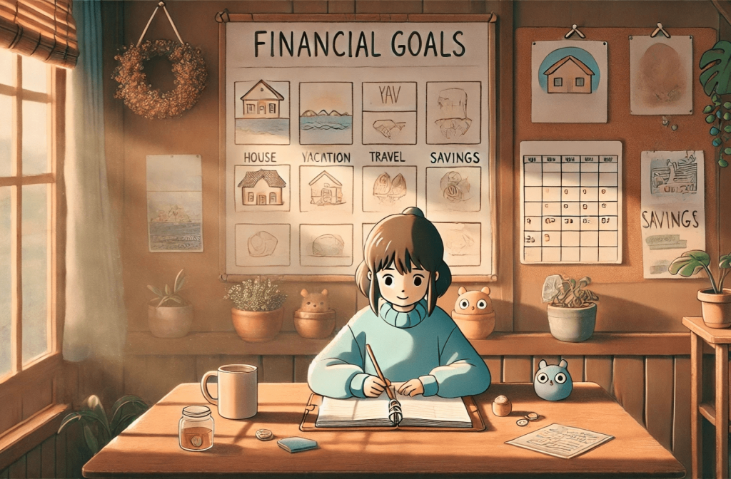 Setting financial goals. A illustrations in the Studio Ghibli art style, showing a person setting financial goals in a warm, peaceful environment.