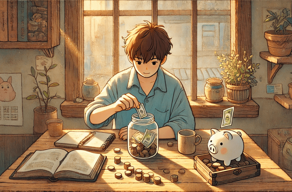 Best savings automation tools. A Studio Ghibli-style wide-format illustration of a person saving money. The person is sitting at a wooden table in a cozy, warmly lit room. 