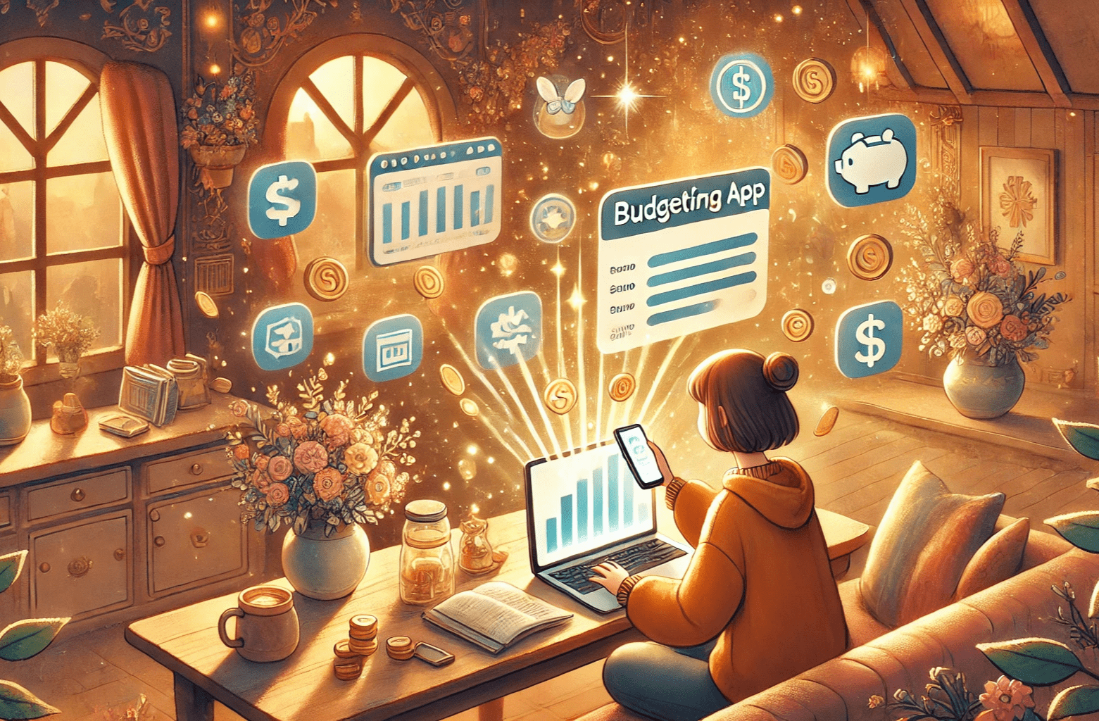 Best Budgeting Apps That Actually Help You Take Control of Money. Image captures a clear, beginner-friendly financial journey with tools like laptops, piggy banks, and visual progress steps like ladders and floating finance icons.