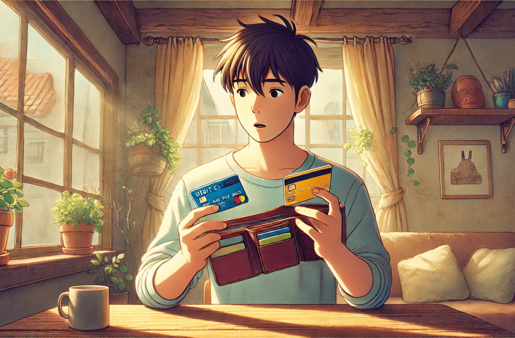 Best Debit Cards With Cashback That Help You Stick To A Budget. A man looking down at a debit card and credit card in his wallet.