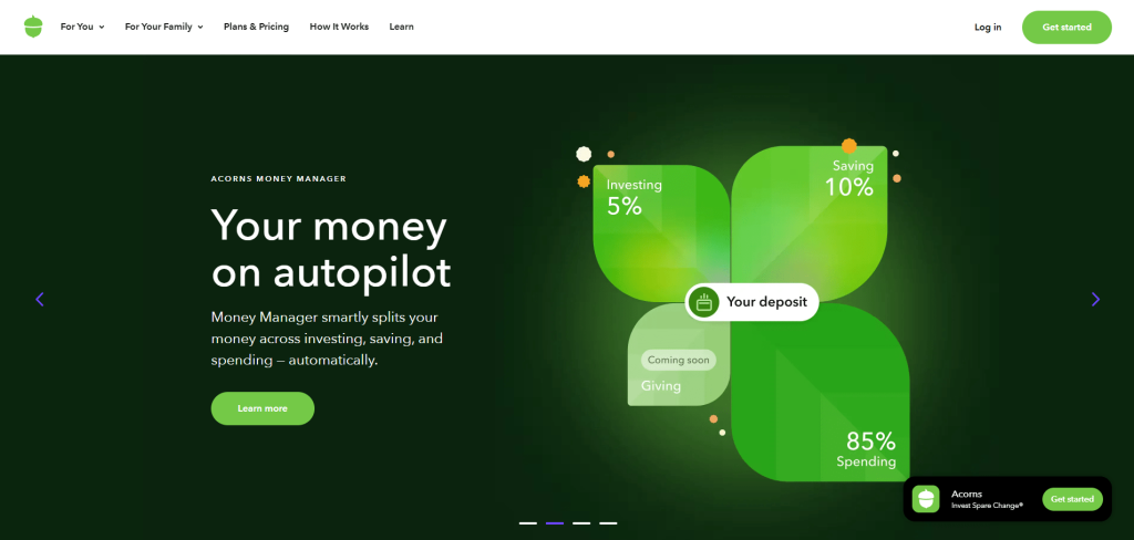 Best savings automation tools. A screenshot of Acorns homepage. 