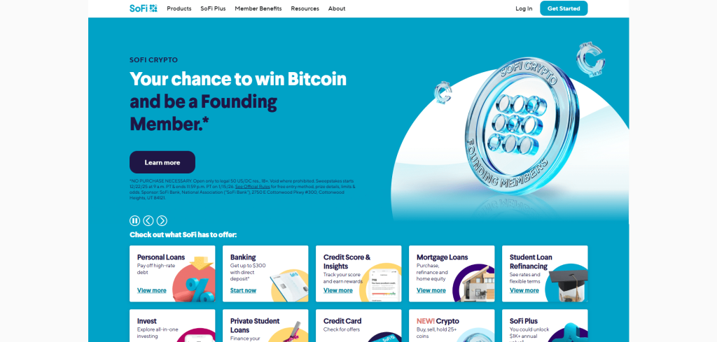 Best savings automation tools. A screenshot of SoFi homepage. 