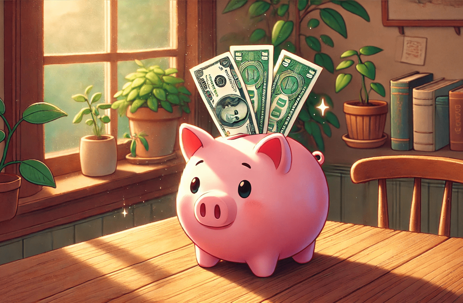 Best savings automation tools. A image of a pink piggy bank on a table with dollars coming out of it.