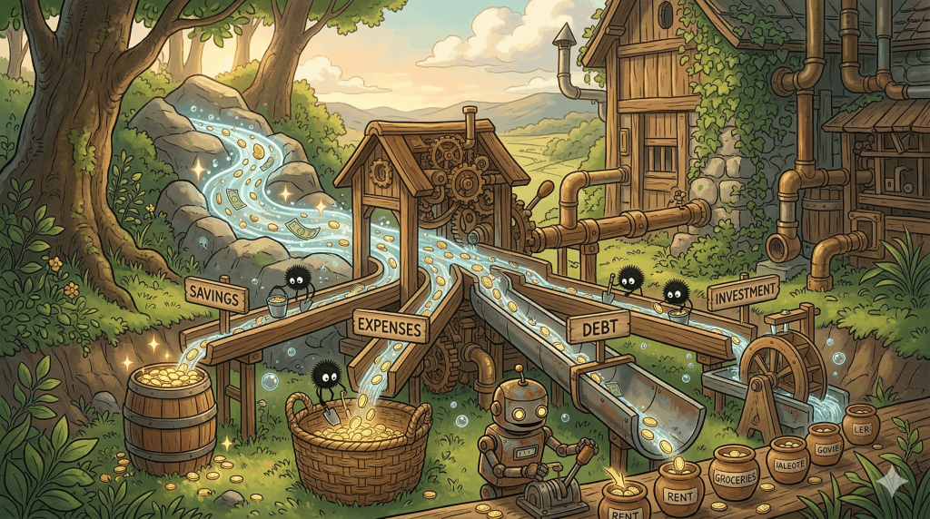 Automated Budgeting. An image focusing on the entry point of funds into your financial system. To portray this 'Airlock Protocol,' picture a small, tidy stream or pipe representing money, directed by complex wooden or brass contraptions—the logical branching paths of your budget. Tiny, industrious soot sprites or perhaps a small, determined robot sorting coins into different buckets would add the perfect Ghibli charm, symbolizing the orderly categorization of income at its source.