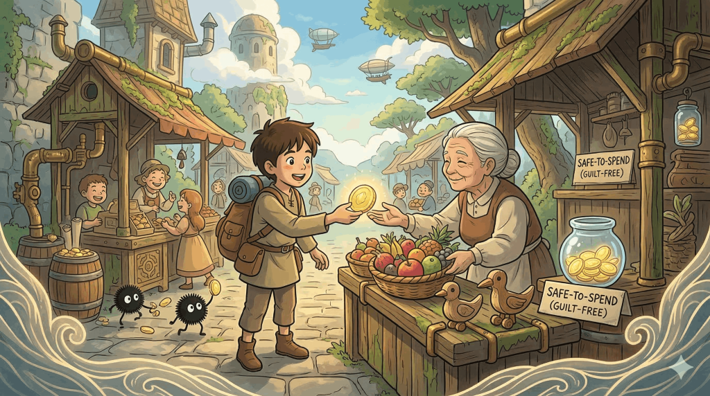 Automated Budgeting. This image focuses on a small character happily exchanging one of the sorted coins for something delightful but modest—like a basket of fruit, a whimsical toy, or a pastry. The background should feel airy and cheerful, with a strong sense of containment around the 'safe-to-spend' amount to illustrate financial security.