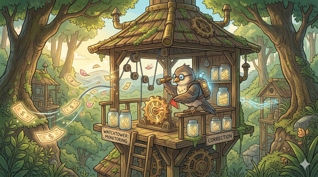 Automated budgeting. An image featuring a charming, slightly rickety structure nestled among lush greenery: the AI 'Watchtower.' A small, round robot or a dedicated, bespectacled bird-like creature could be positioned inside, observing the flow of transactions (perhaps visualized as stylized tickets moving along small pulleys or wind-blown petals) and gently correcting any deviations with a tiny rudder or flag, ensuring things stay on course.