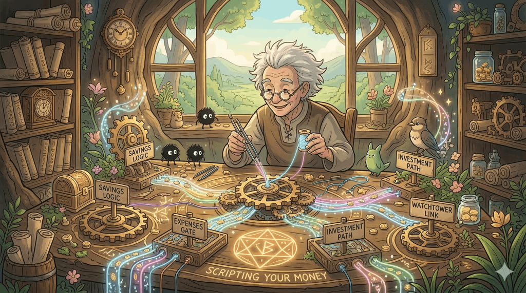 Automated Budgeting. An image centered on a workbench covered in intricate clockwork gears, glowing runes, and perhaps some blooming vegetation. A character, perhaps a thoughtful inventor with messy hair, would be connecting these elements with colored threads or small, sparkling pathways, representing the seamless, automated scripts that handle your finances without manual effort.