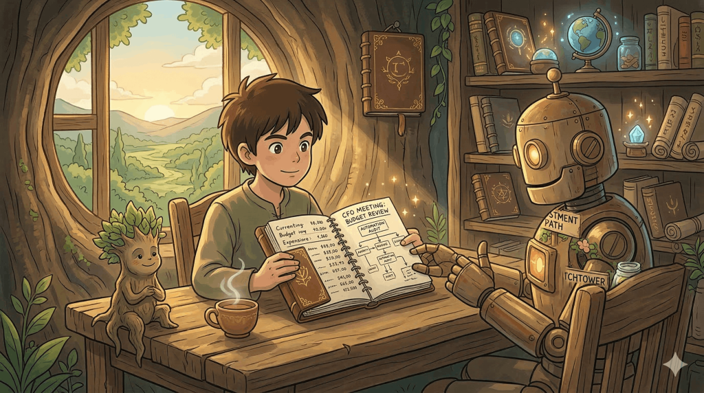 Automated budgeting. An image might show a character sitting at a simple wooden desk bathed in warm sunlight, sipping tea while reviewing a small, leather-bound notebook with handwritten entries or simple diagrams. A benevolent-looking robot or a small, wise forest spirit could be present, offering a gentle nod of approval and reflecting the purposeful review of your automated system.