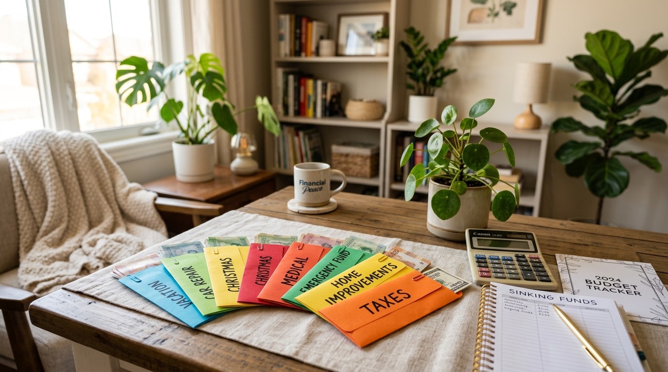 Colorful sinking fund categories envelope on a table in a cozy warm morning home office environment.