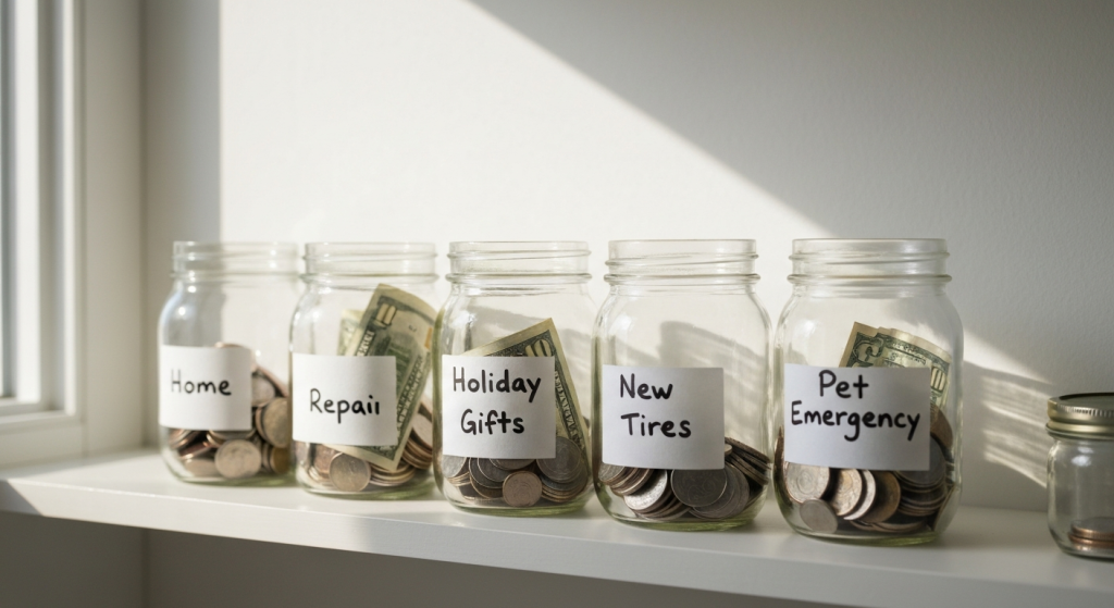 Mason jars labeled with sinking fund savings categories