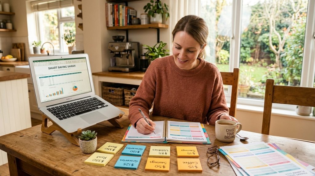 A woman sitting down at her desk organizing her sinking fund categories. There is a laptop computer, notebook, and sticky notes on her desk. The environment is cozy morning home office with plenty of sunlight in the room to make it feel more vibrant and open.