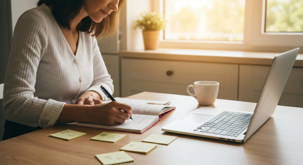 Woman planning budget with colorful planner and sticky notes