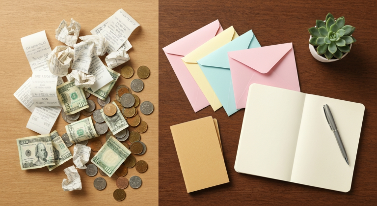 Desk split between financial chaos and organized budget envelopes