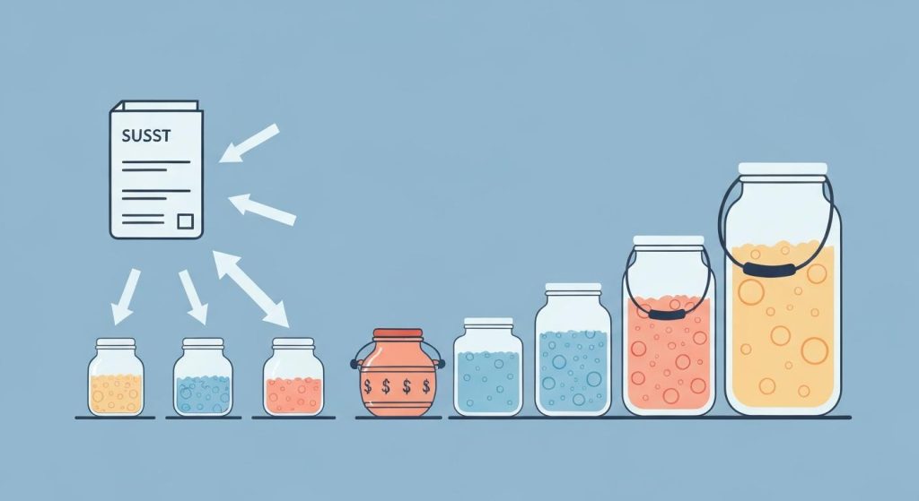 An image illustrating what is a sinking fund. Shows a list of sinking fund categories with different containers for savings.