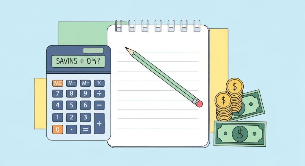 What is a sinking fund? Images shows a notebook, calculator, gold coins, and two dollars. 