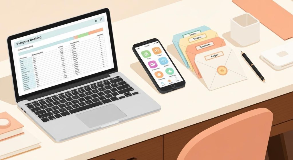 An image illustrating best ways to track your sinking funds. Shows an animated image of a desk with a computer, phone, and envelopes. 