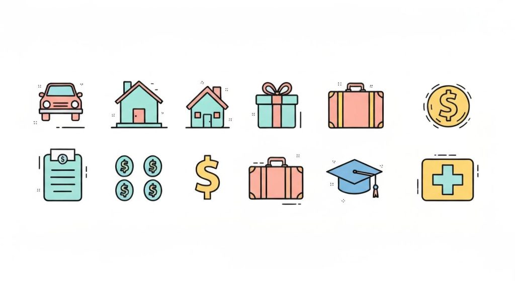 What is a sinking fund image illustration. Image shows icons of a car, house, present, money sign, list, and suitcase. 