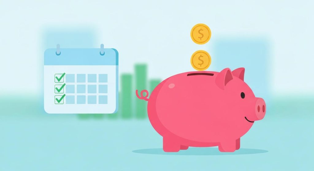 An image of a pink piggy bank with two gold coins being deposited. Image back ground is blurry to highlight the piggy bank and calendar. Illustration of what is a sinking fund.
