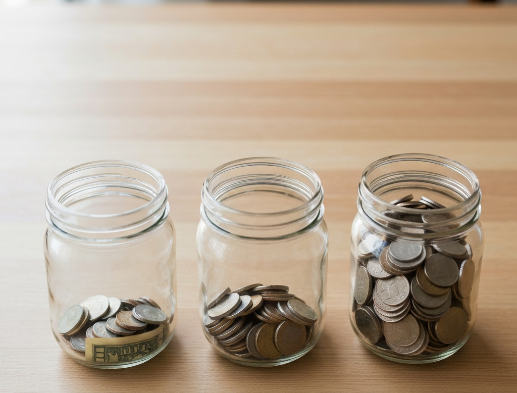 Three clear glass jars on the table with different amounts of change. Illustration for the pay yourself first strategy.