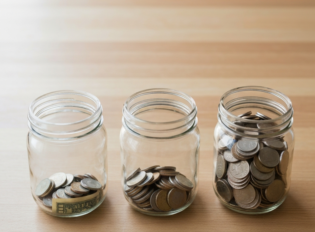 Three clear glass jars on the table with different amounts of change. Illustration for the pay yourself first strategy.